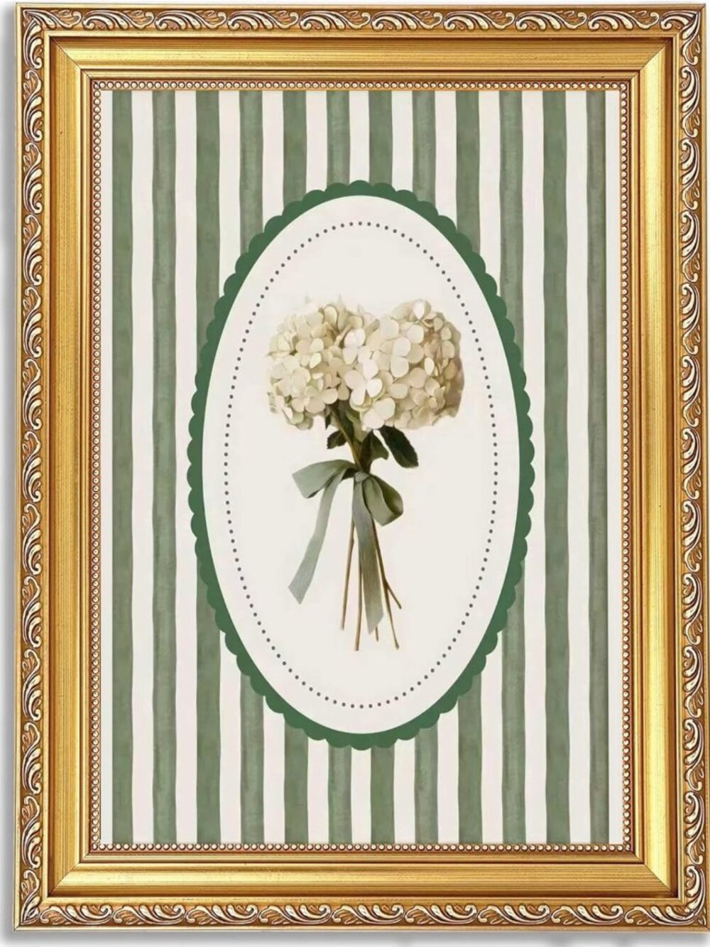 Vintage Botanical Wall Art Print, Green Floral Canvas with Gold Frame, Home